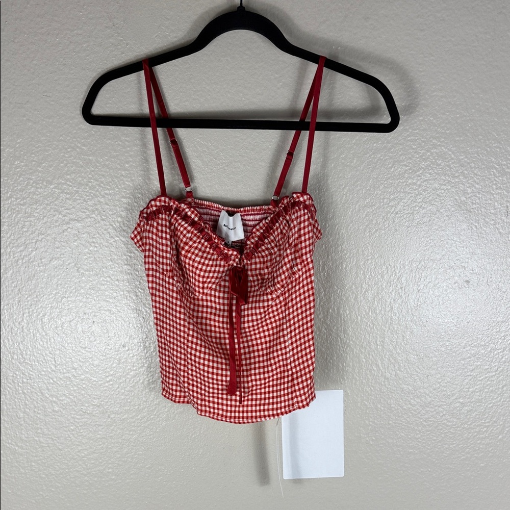 Reformation Andrea Top in Strawberry Check - Picture 3 of 9